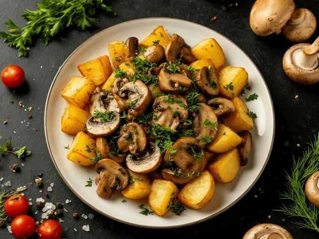 Картофель с грибами — жареные картофельные дольки с шампиньонами